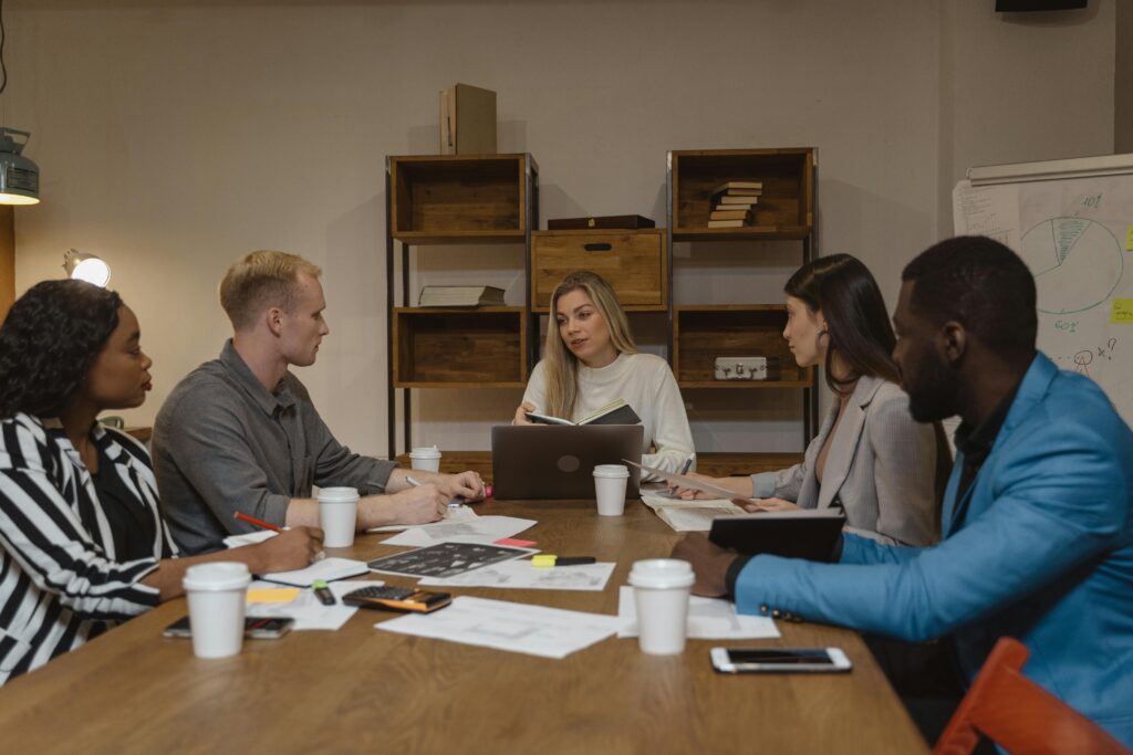 A group of people in a meeting.
